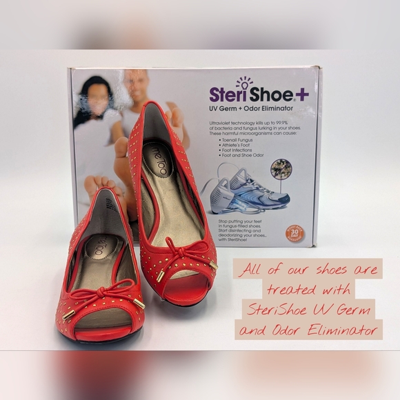 Me Too Yuliya Size 7.5M Red Orange Open Toe Wedge Gold Embellishements With Bow - Picture 16 of 17